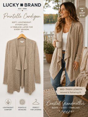 Lucky Brand Pointelle Longline Cardigan Oatmeal Waterfall Sweater M